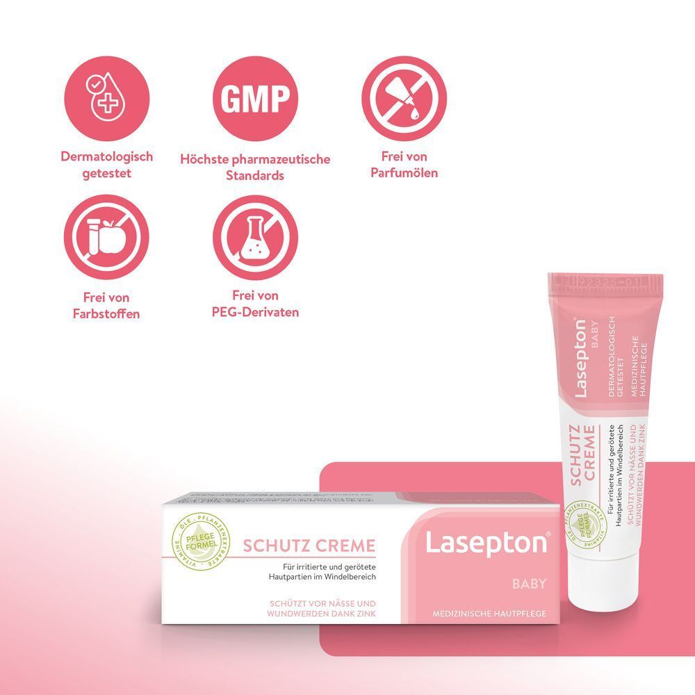 Lasepton Baby Schutz-Creme Packung mit Symbolen: Dermatologisch getestet, GMP, frei von Parfümölen, Farbstoffen, PEG-Derivaten.
