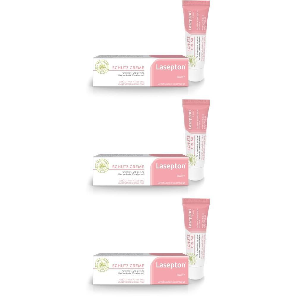 Drei Packungen Lasepton® BABY Schutz-Creme mit je einer Tube.