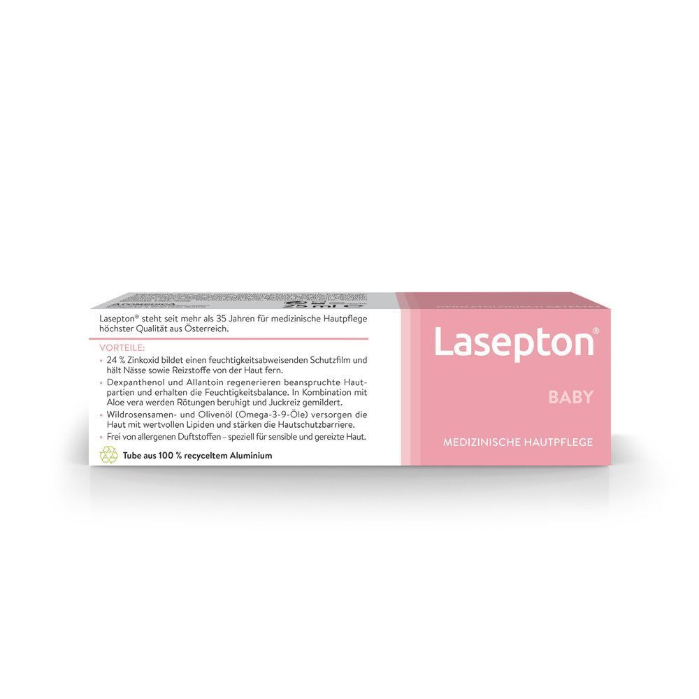Rückseite der Lasepton® BABY Schutz-Creme Packung mit Vorteilen und Inhaltsstoffen.