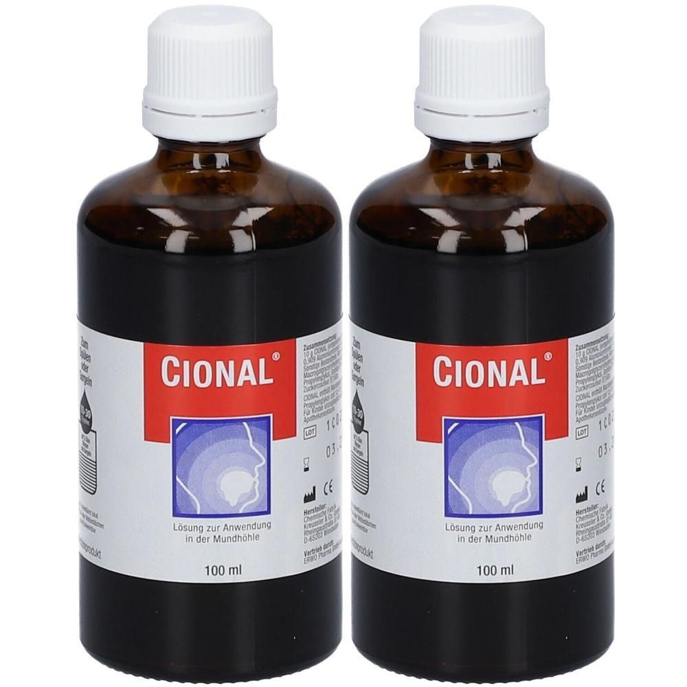Zwei braune Glasflaschen mit weißem Schraubverschluss, gefüllt mit dunkler Flüssigkeit. Beide Flaschen enthalten 100 ml.