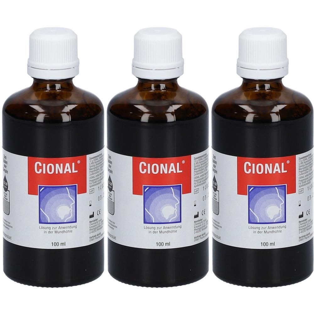 Drei braune Glasflaschen mit weißem Verschluss, jede 100 ml, mit dem Etikett CIONAL®.