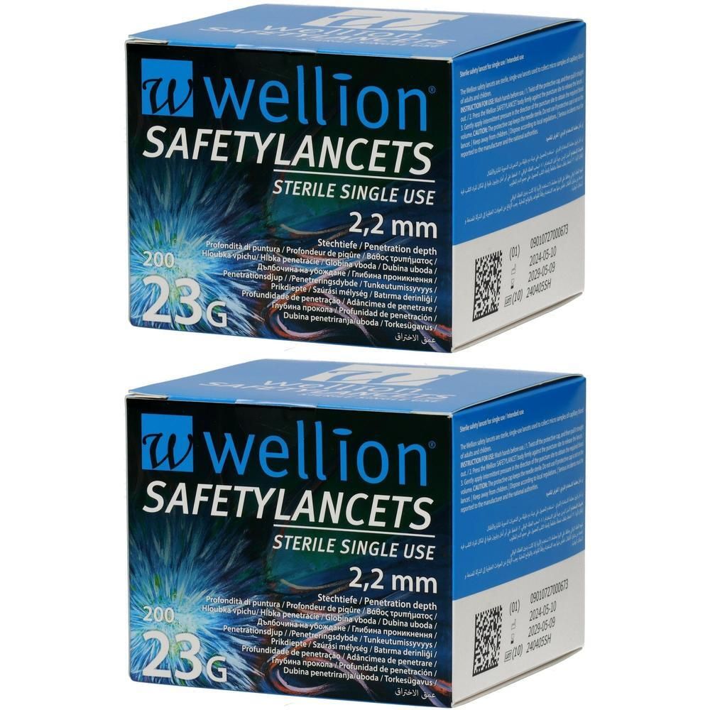 Wellion Safety Lancets, 200 Stück, 23G, sterile Einwegnadeln, 2,2 mm Eindringtiefe.