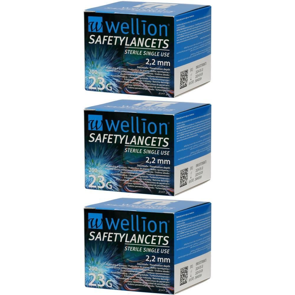 Drei Schachteln Wellion Safety Lancets, 23G, steril, Einweg, 2,2 mm.