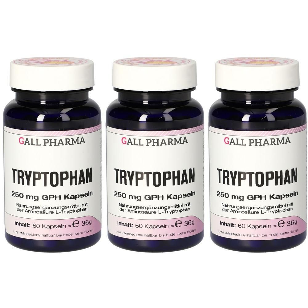 Drei Flaschen TRYPTOPHAN KPS 250 MG GPH Kapseln von GALL PHARMA. Dunkelblaue Behälter mit weißen Deckeln.