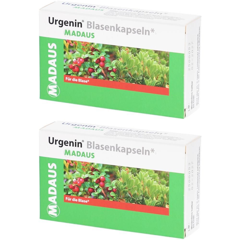 Zwei Packungen Urgenin Blasenkapseln mit Abbildung von Preiselbeeren und grünen Blättern.
