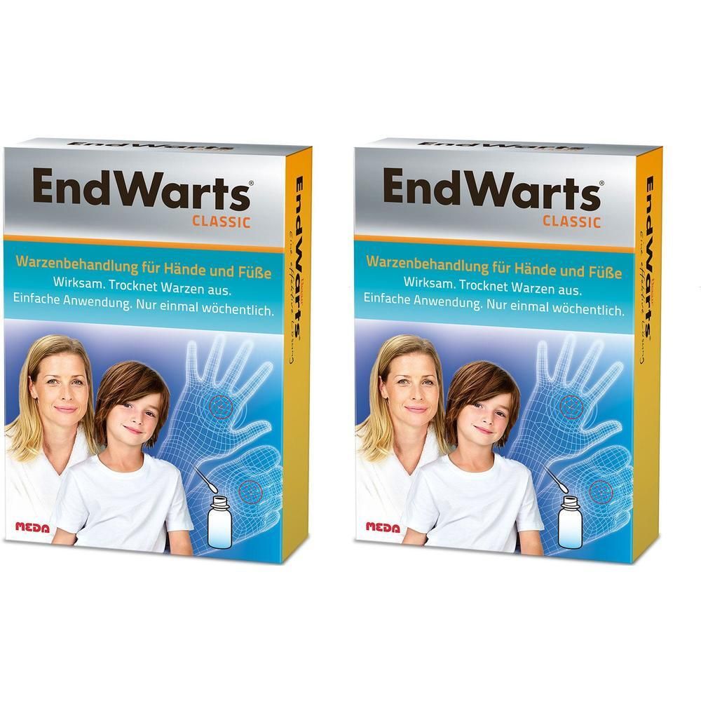Zwei Packungen EndWarts CLASSIC mit Abbildungen einer Frau, eines Kindes und einer Hand. Enthält Fläschchen und Applikator.