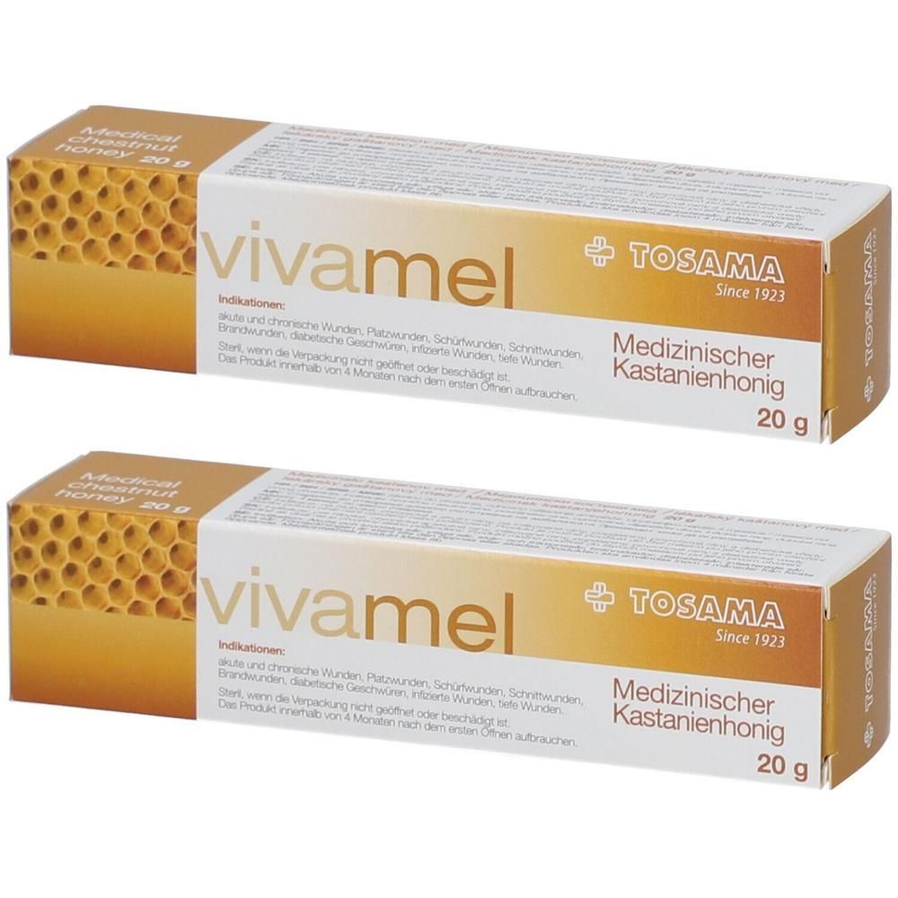 Zwei Packungen vivamel Medizinischer Kastanienhonig 20g mit Wabenmuster und Produktinformationen.