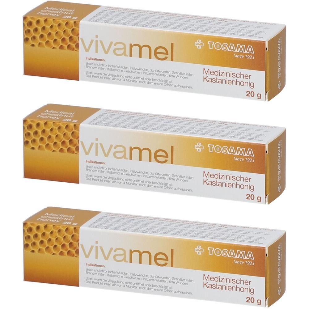 Drei Packungen Vivamel Medizinischer Kastanienhonig 20g mit Wabenmuster und TOSAMA Logo.