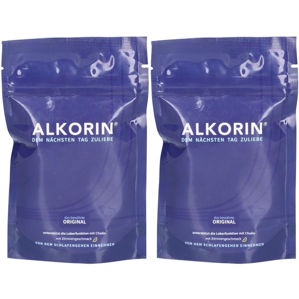 Zwei violette Beutel mit dem Produktnamen ALKORIN und Produktinformationen.