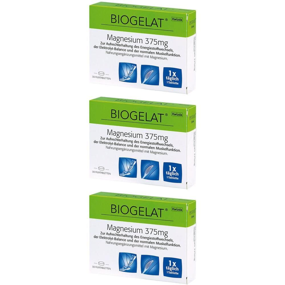 Drei Packungen BIOGELAT Magnesium 375mg, Nahrungsergänzungsmittel.