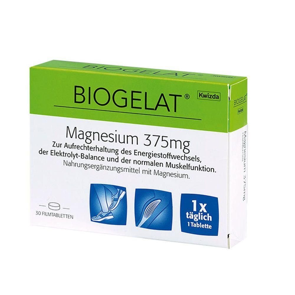 BIOGELAT Magnesium 375mg Filmtabletten-Packung mit 30 Stück. Zeigt Icons für Energie, Muskeln und tägliche Einnahme.