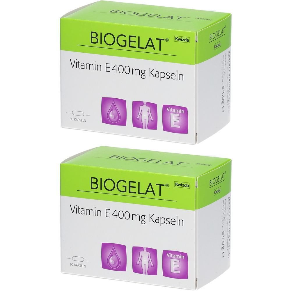 Zwei Packungen BIOGELAT Vitamin E 400mg Kapseln. Grüne und weiße Kartons mit Produktinformationen und Symbolen.