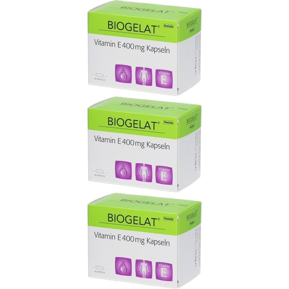 Drei Packungen BIOGELAT Vitamin E 400mg Kapseln nebeneinander.