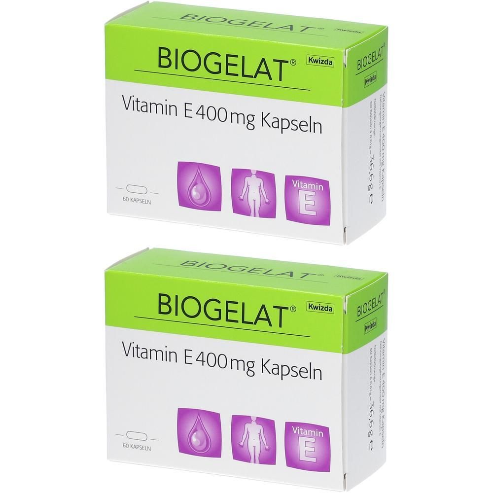Zwei Packungen BIOGELAT Vitamin E 400 mg Kapseln mit Symbolen für Tropfen, Mensch und Vitamin E.