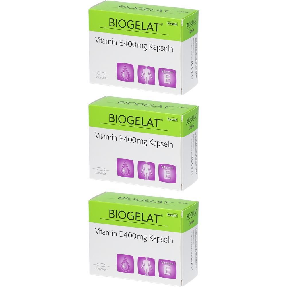 Drei Packungen BIOGELAT Vitamin E 400 mg Kapseln. Grüne und weiße Kartons mit Produktinformationen und Symbolen.