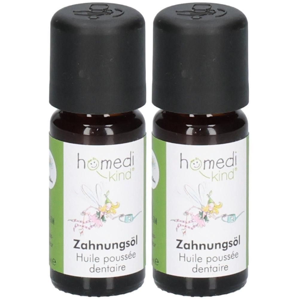 Zwei Fläschchen homedi-kind® Zahnungsöl mit schwarzen Schraubverschlüssen und Etiketten mit Illustrationen.
