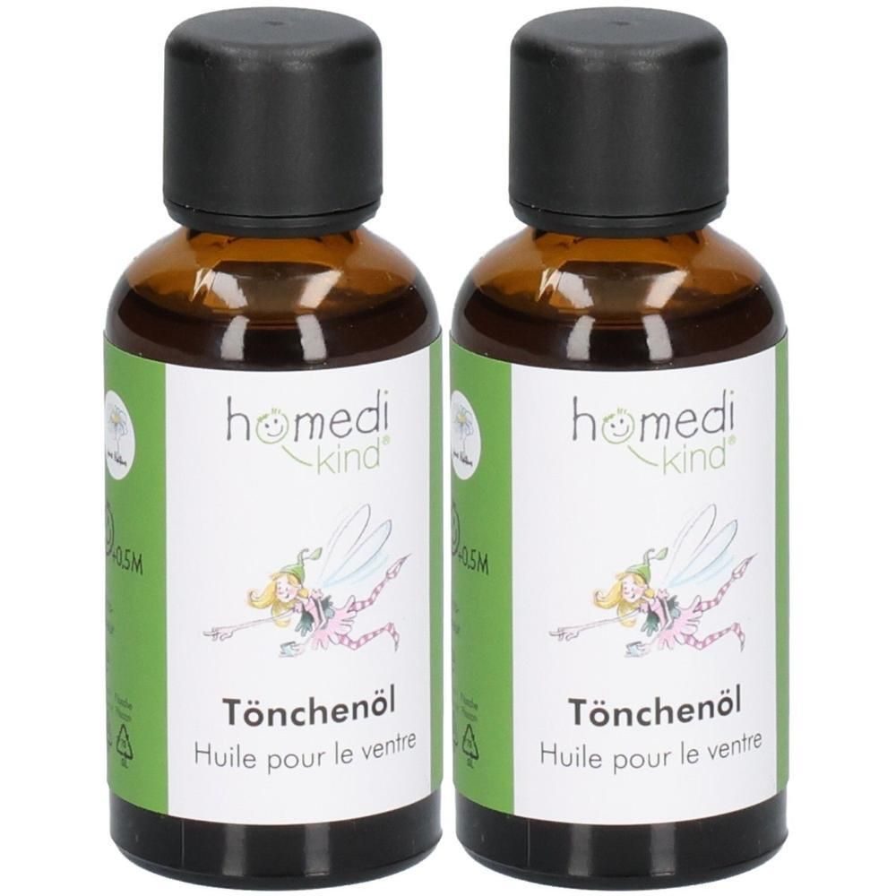 Zwei Flaschen homedi-kind® Tönchenöl mit schwarzem Deckel und Etikett mit Fee.