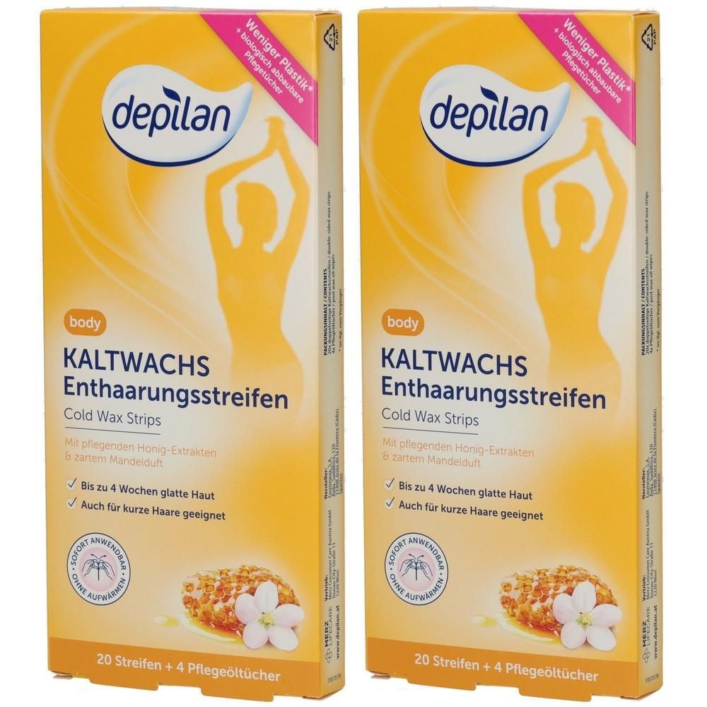 Zwei Packungen depilan body Kaltwachs Enthaarungsstreifen, 20 Streifen und 4 Pflegeöltücher pro Packung.