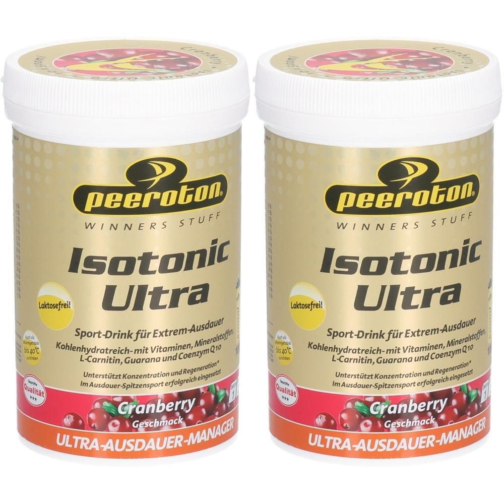 Zwei Dosen peeroton Isotonic Ultra Cranberry Sport-Drink. Kohlenhydratreich mit Vitaminen, Mineralstoffen, L-Carnitin, Guarana und Coenzym Q10.