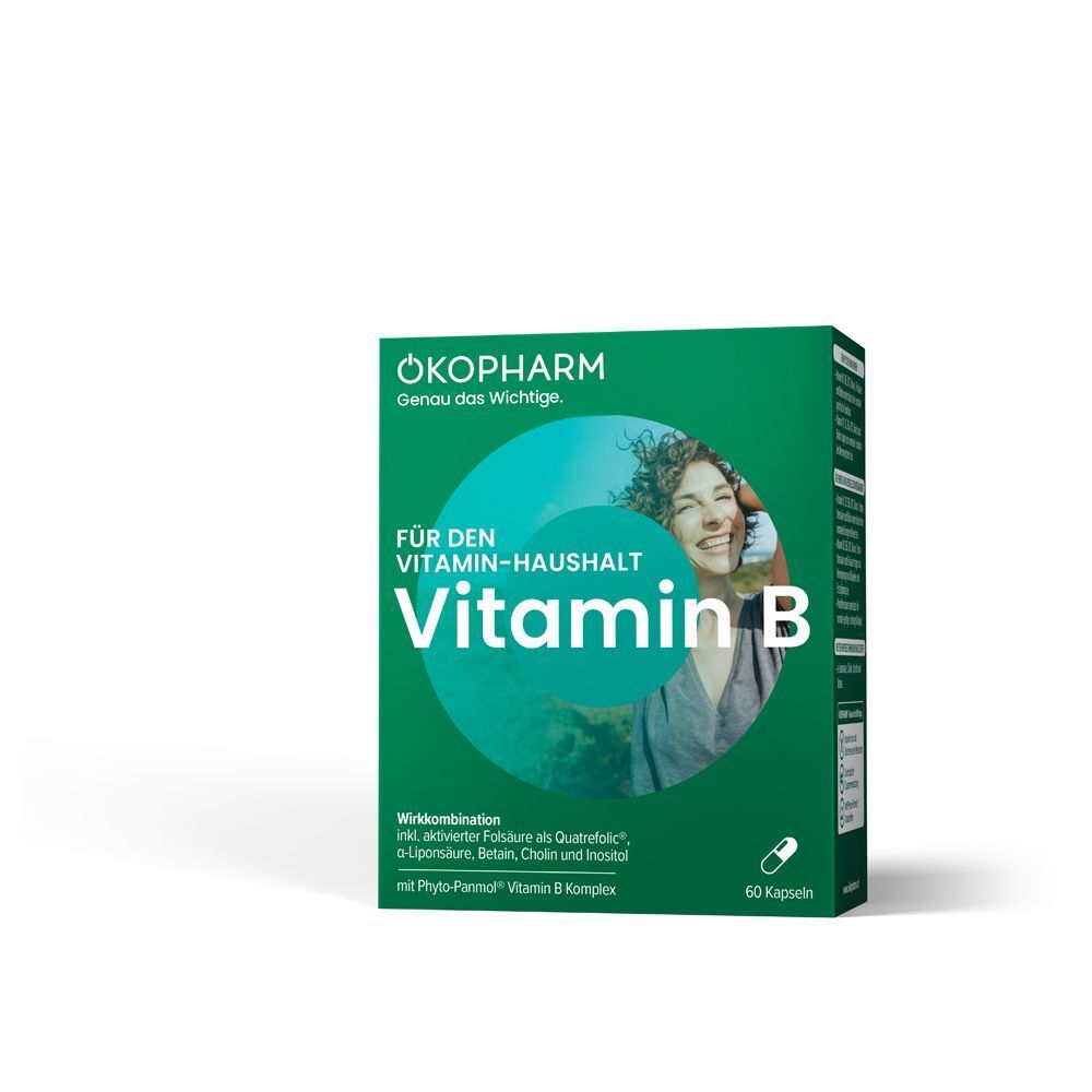 Grüne Verpackung für ÖKOPHARM Vitamin B Wirkkombination, 60 Kapseln.
