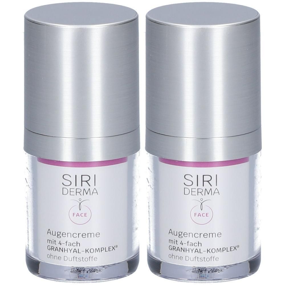 Zwei Flaschen SIRI DERMA Augencreme mit silbernen Kappen. Klare Behälter zeigen weiße Etiketten mit Produktinformationen.