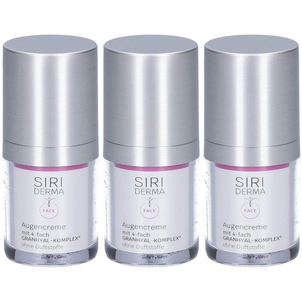 Drei SIRI DERMA Augencreme-Tiegel mit silbernen Schraubverschlüssen. Weiße Etiketten mit Produktinformationen.