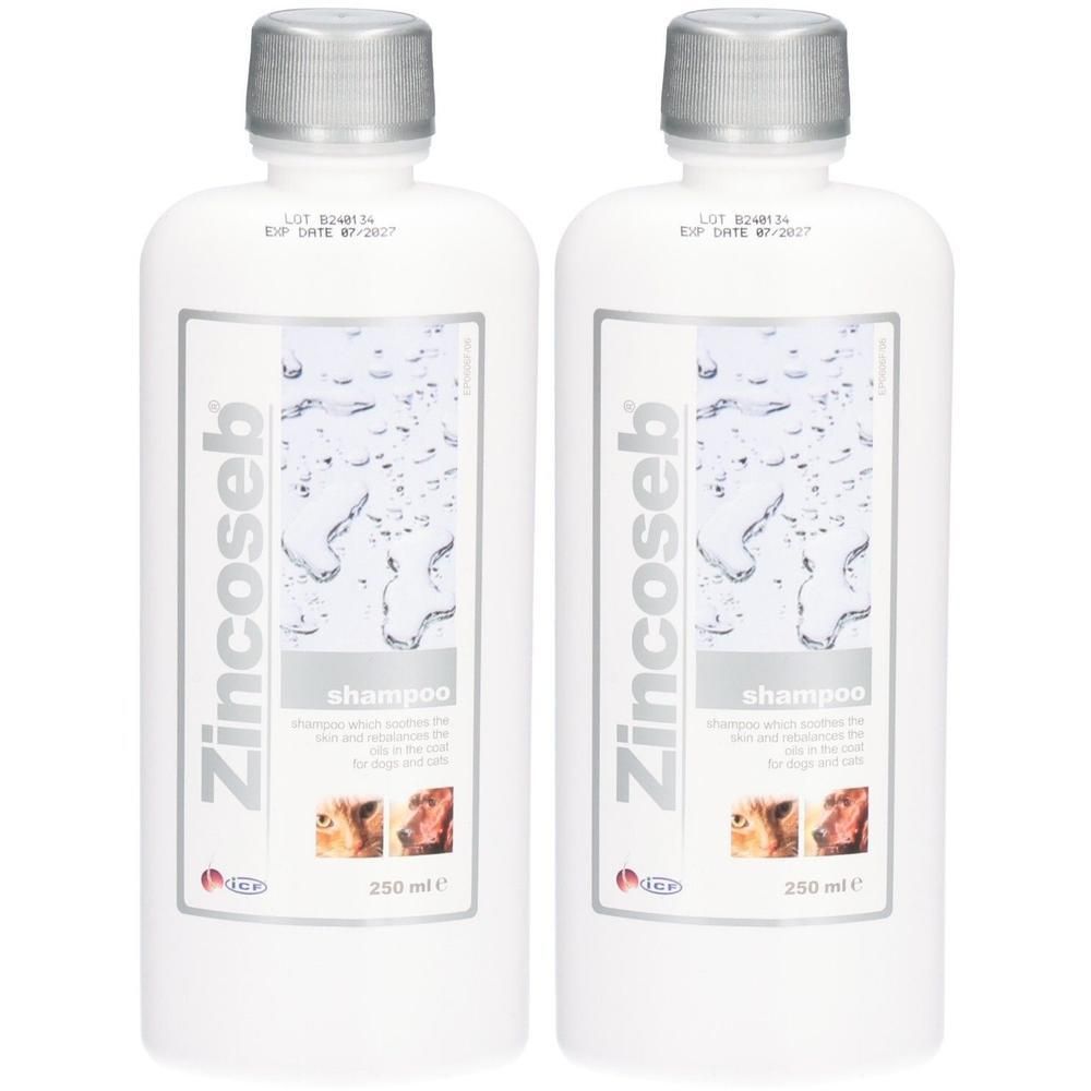 Zwei Flaschen Zinkoseb Shampoo für Hunde und Katzen, je 250 ml.