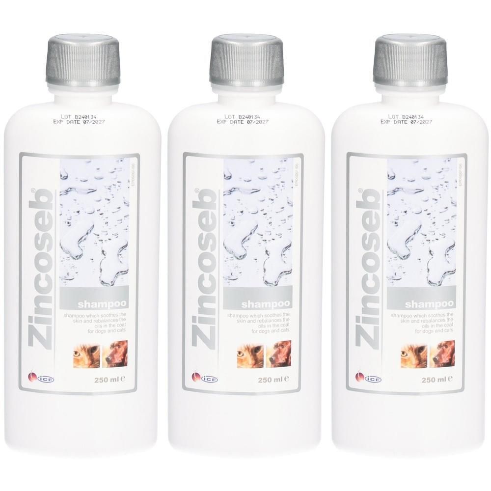 Drei weiße Flaschen Zinkoseb Shampoo für Hunde und Katzen, jeweils 250 ml.