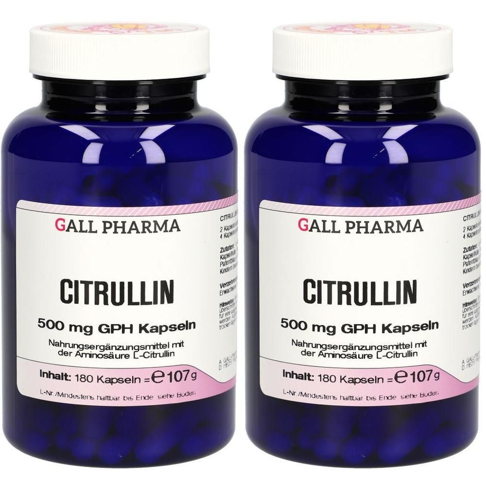 Zwei blaue Flaschen CITRULLIN 500 mg GPH Kapseln, jeweils 180 Kapseln.