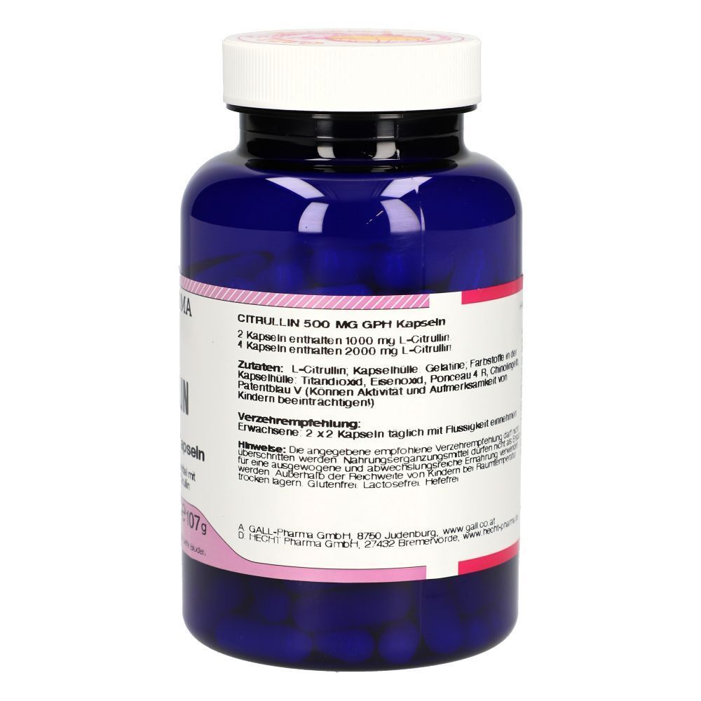 Ein blauer Behälter mit Citrullin KPS 500 mg GPH Kapseln, Rückseite mit Informationen.