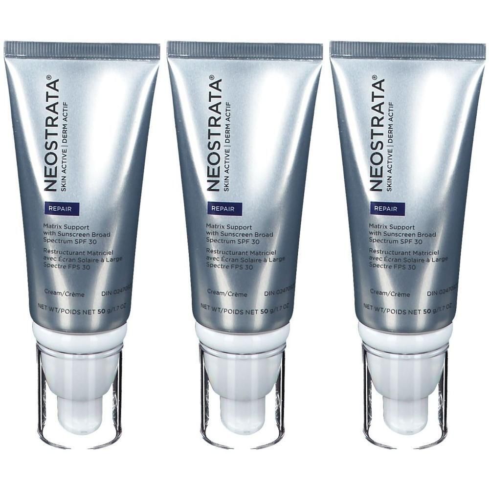 Drei Tuben NEOSTRATA® Skin Active Matrix Support SPF 30. Silberne Tuben mit Pumpspendern. 50g Netto.