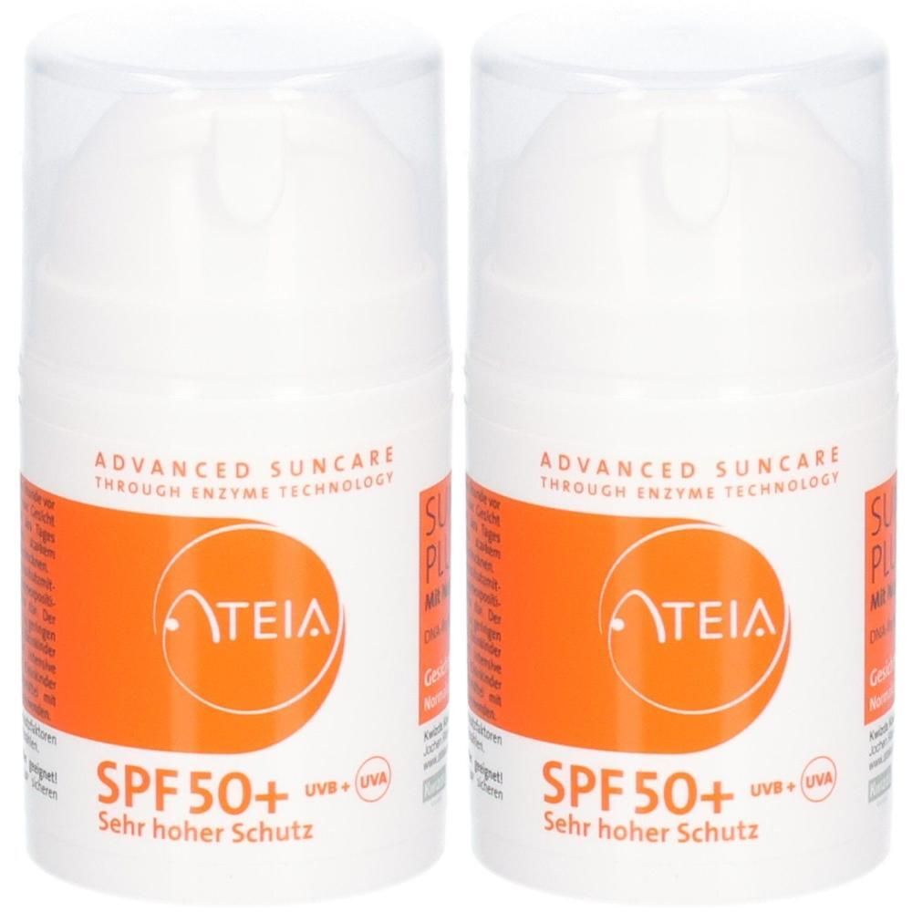 Zwei Flaschen ATEIA® Sunprotect Plus Repair mit LSF 50+. "Advanced Suncare" und "Sehr hoher Schutz" sind aufgedruckt.