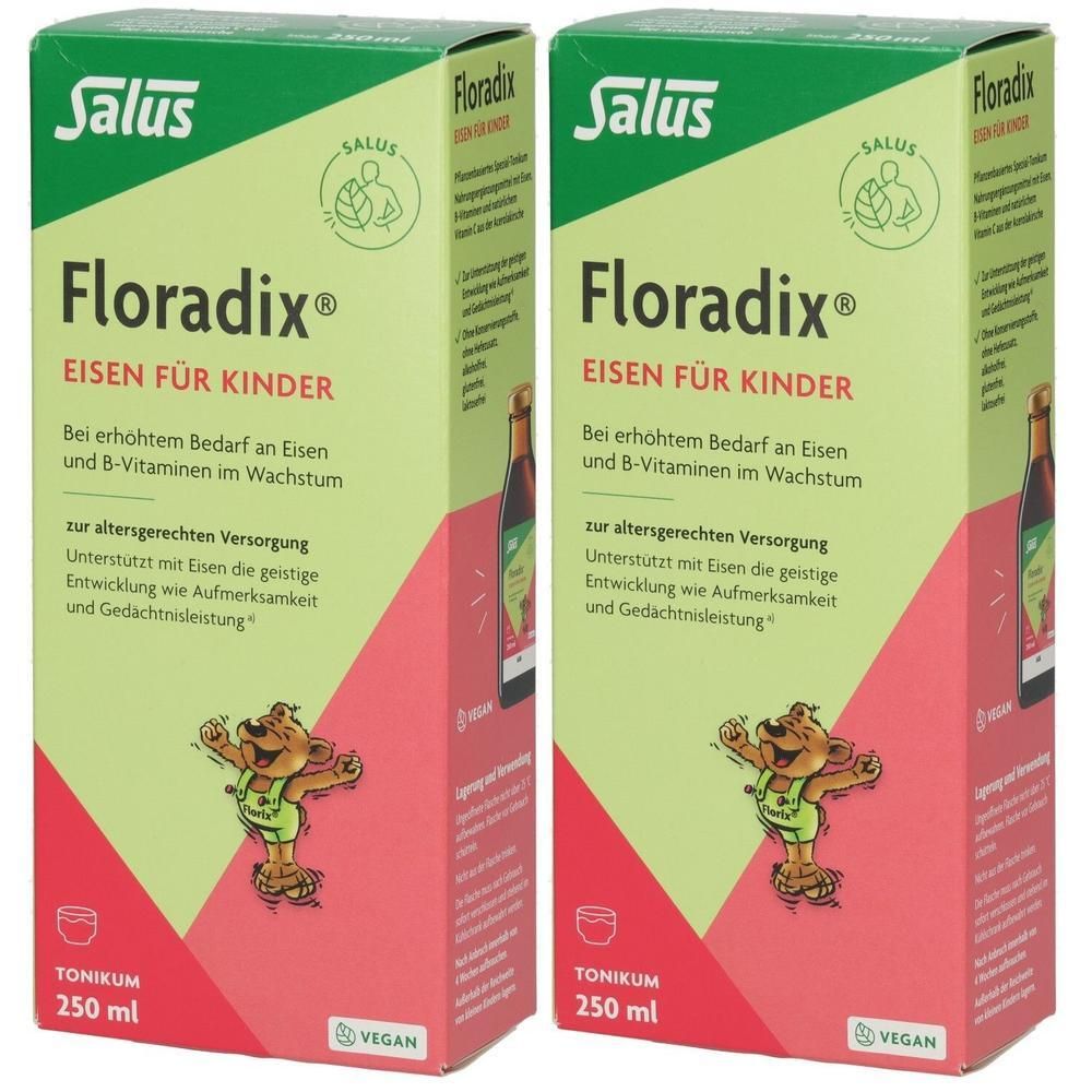 Zwei Packungen Floradix Eisen für Kinder Tonikum, je 250 ml. Grüne und rote Verpackung mit Bär-Illustration und Salus-Logo.