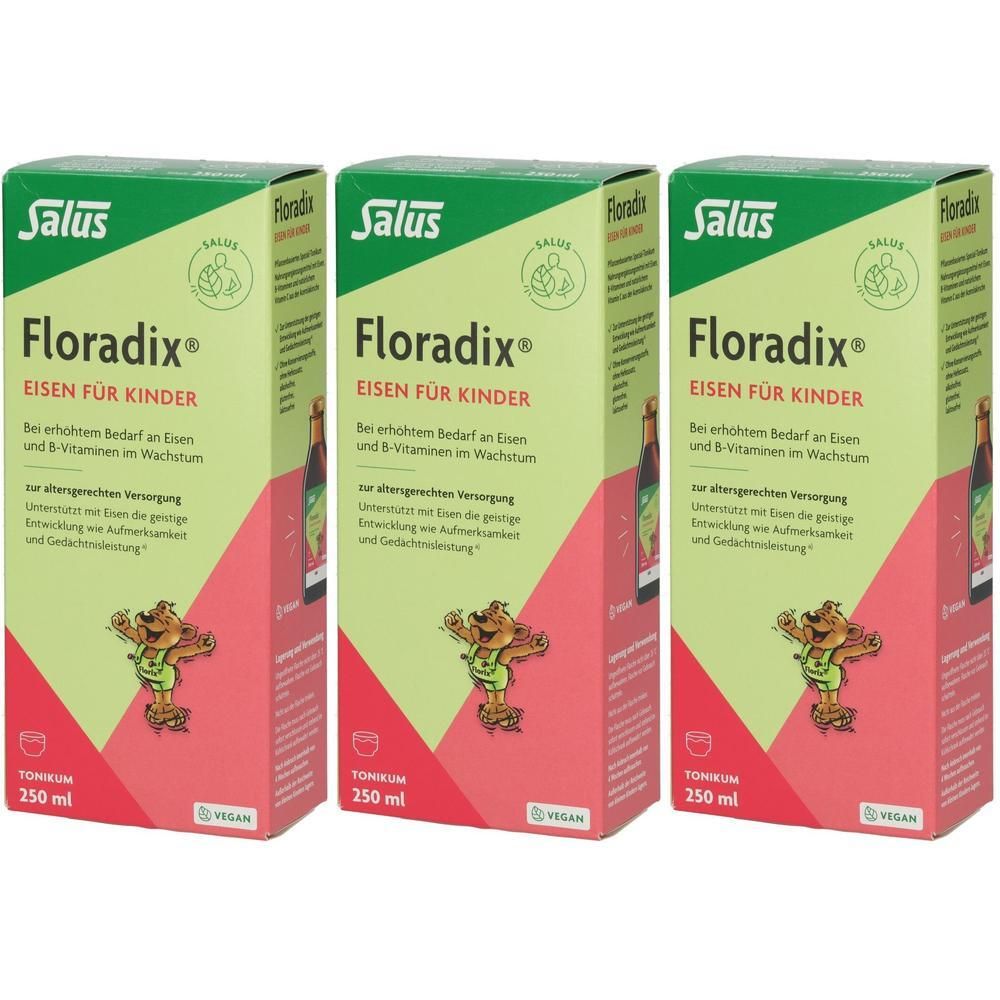 Drei Packungen Floradix Eisen für Kinder, je 250 ml. Grüne und rote Verpackung mit Comic-Figur.