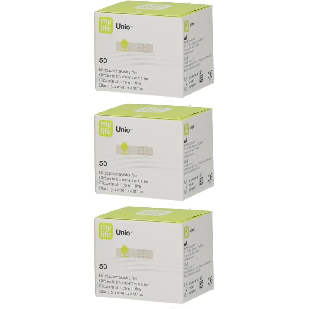 Drei Schachteln mylife Unio Blutzuckerteststreifen, 50 Stück pro Schachtel.