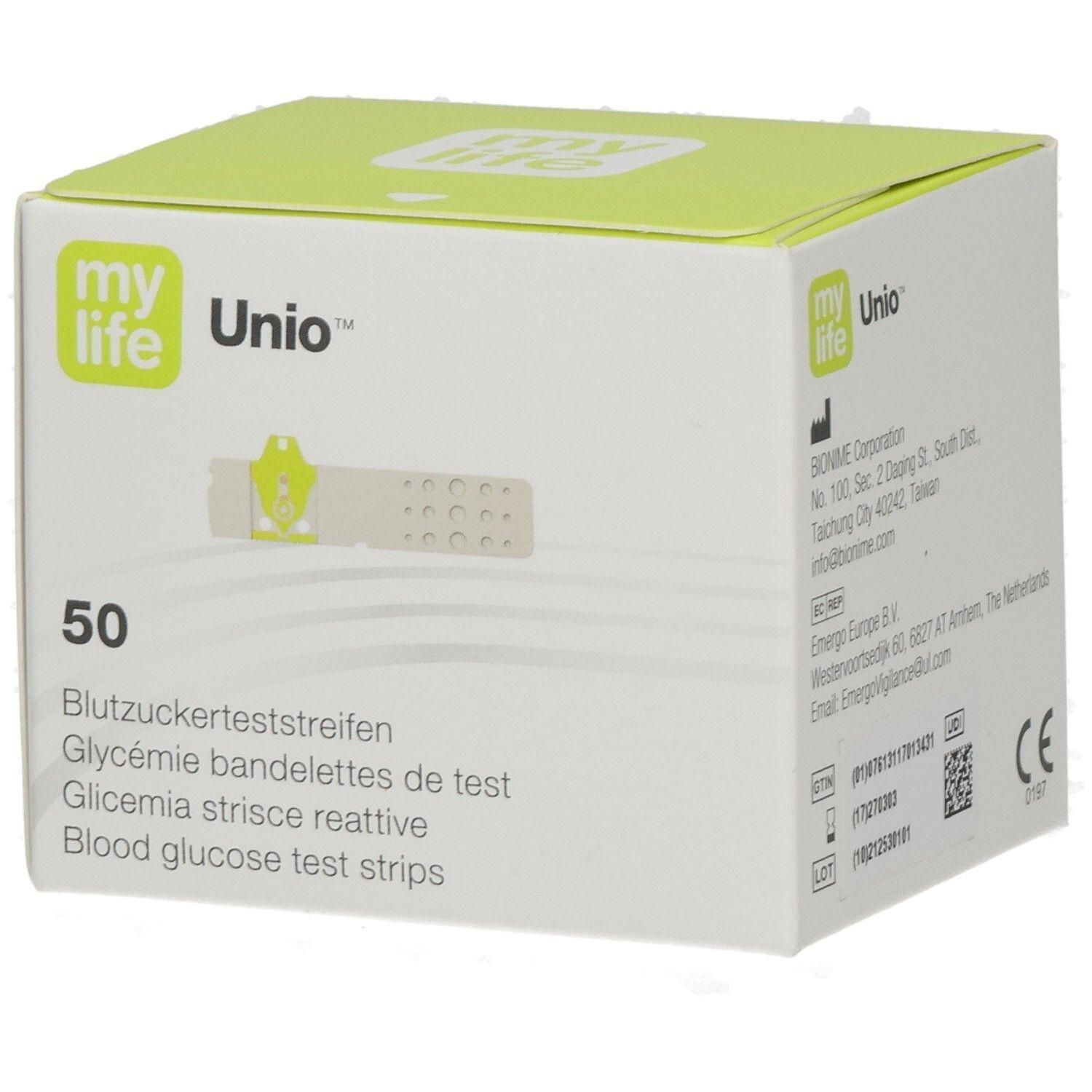 Packung mit 50 mylife Unio Blutzuckerteststreifen.