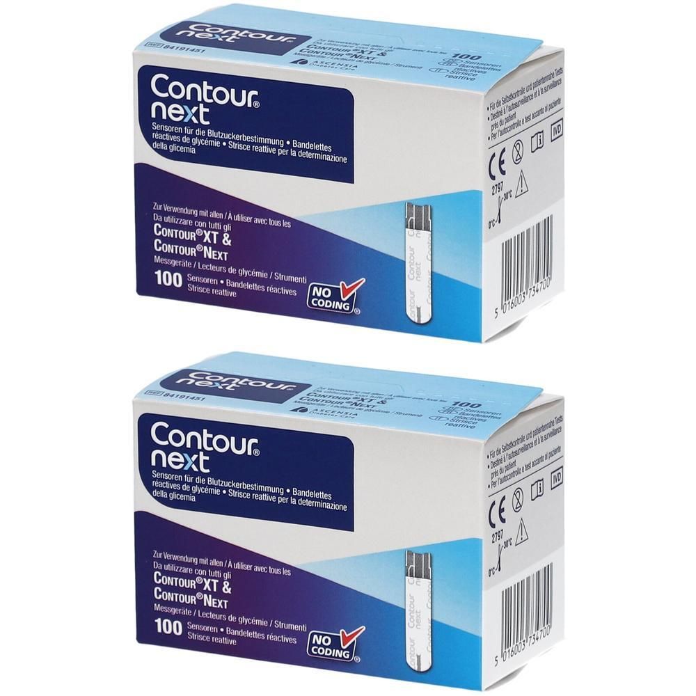 Zwei Packungen CONTOUR® NEXT Sensoren für die Blutzuckermessung, 100 Stück pro Packung.