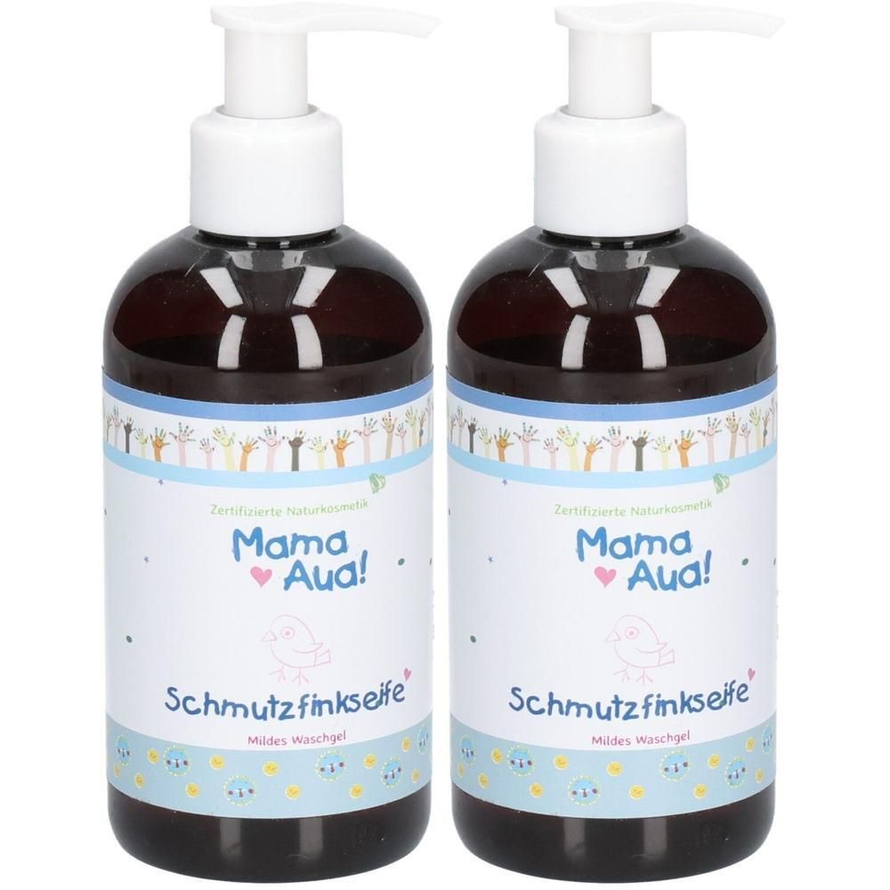 Zwei Flaschen "Mama Aua! Schmutzfinkseife" mildes Waschgel mit Pumpspendern.