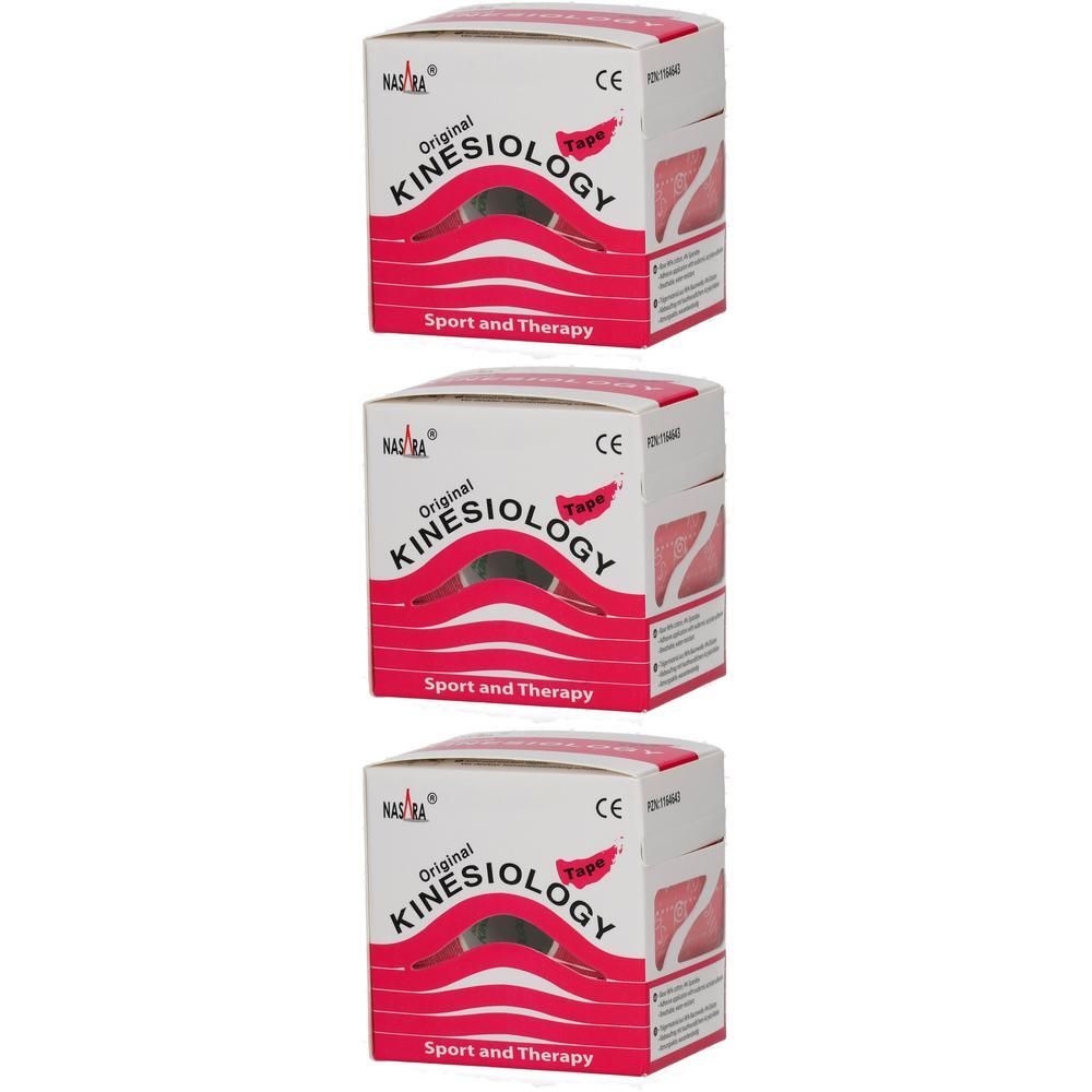 Drei Schachteln Kinesiologie-Tape in Rosa. Jede Schachtel zeigt 'Original Kinesiology Tape' und 'Sport and Therapy'.