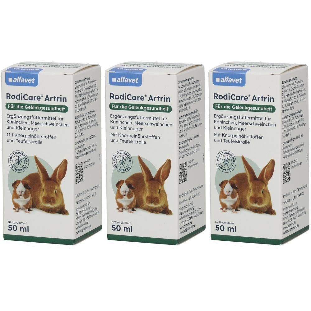Drei Packungen RodiCare Artrin Ergänzungsfuttermittel für Kleintiere, 50 ml.
