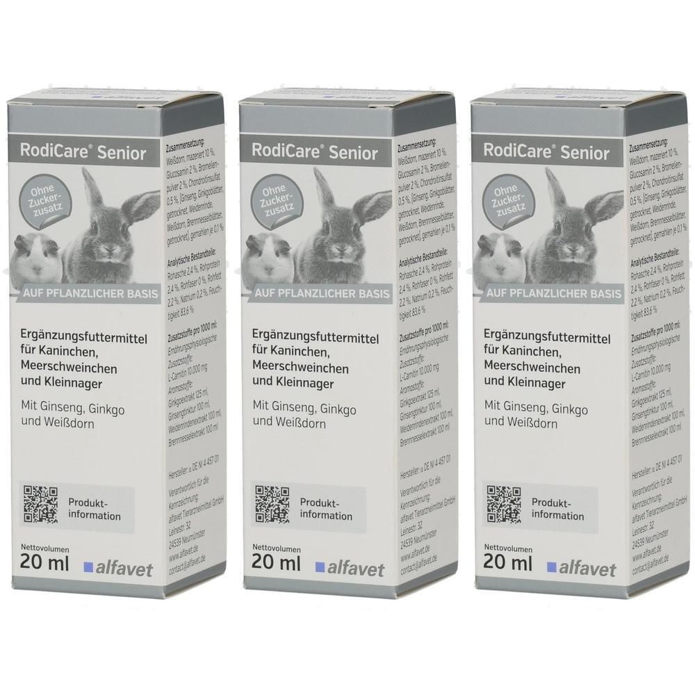 Drei Packungen RodiCare Senior Ergänzungsfuttermittel für Kleintiere, 20 ml pro Packung.