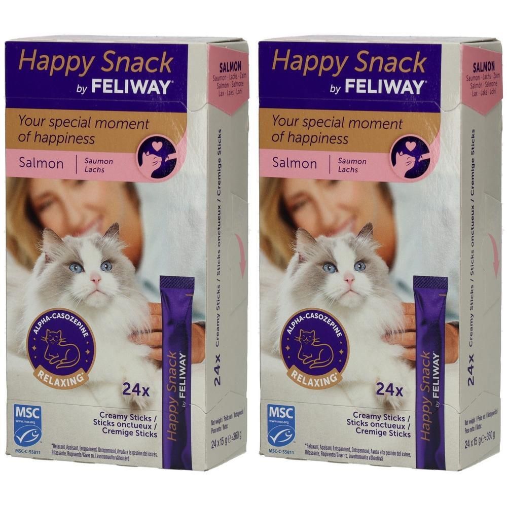 Zwei Packungen FELIWAY Happy Snack mit Lachs-Geschmack, 24 cremige Sticks pro Packung.