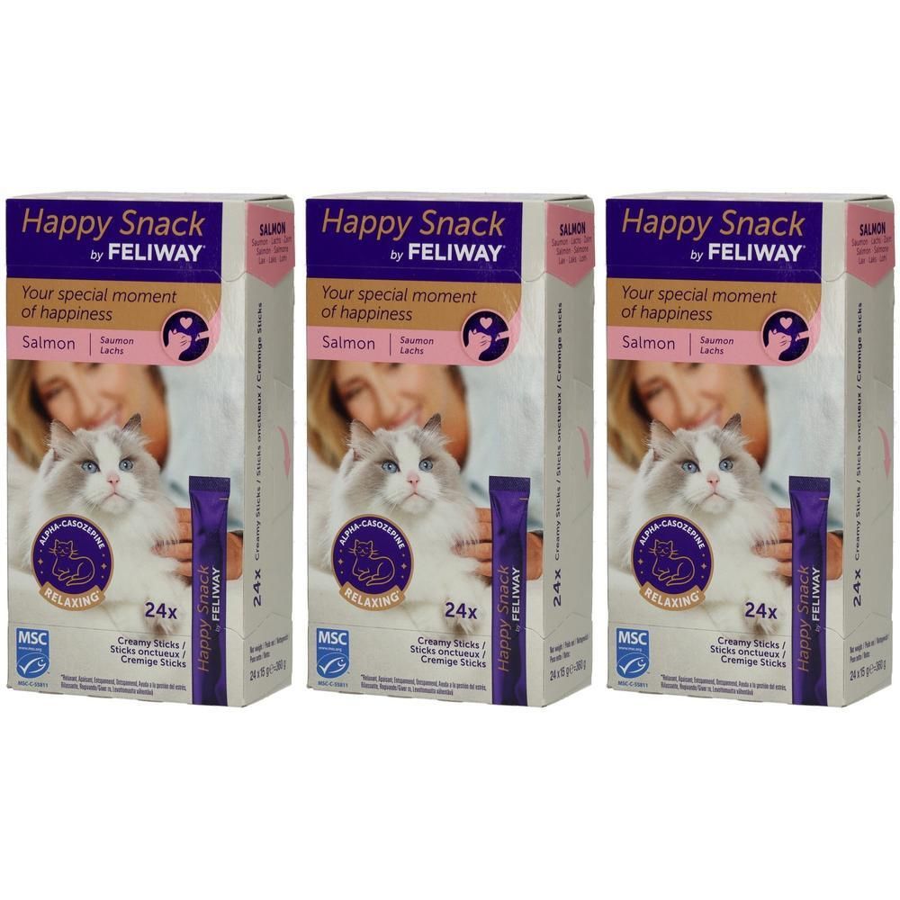 Drei Schachteln Happy Snack von FELIWAY mit Lachsgeschmack für Katzen. Jede Schachtel enthält 24 Cremige Sticks.