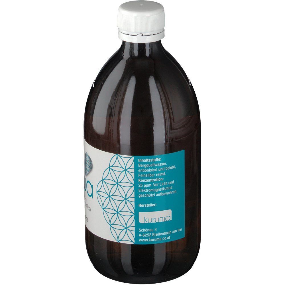 Glasflasche mit weißem Schraubverschluss, gefüllt mit dunkler Flüssigkeit. Etikett mit 'kurma' und Inhaltsstoffen.