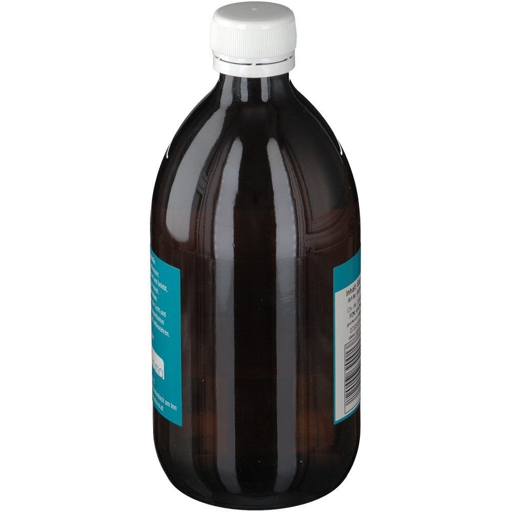 Rückansicht einer Glasflasche mit weißem Schraubverschluss, gefüllt mit dunkler Flüssigkeit und Etikett.