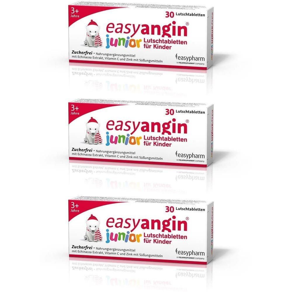 Drei Packungen Easyangin Junior Lutschtabletten für Kinder, zuckerfrei, 30 Stück pro Packung.
