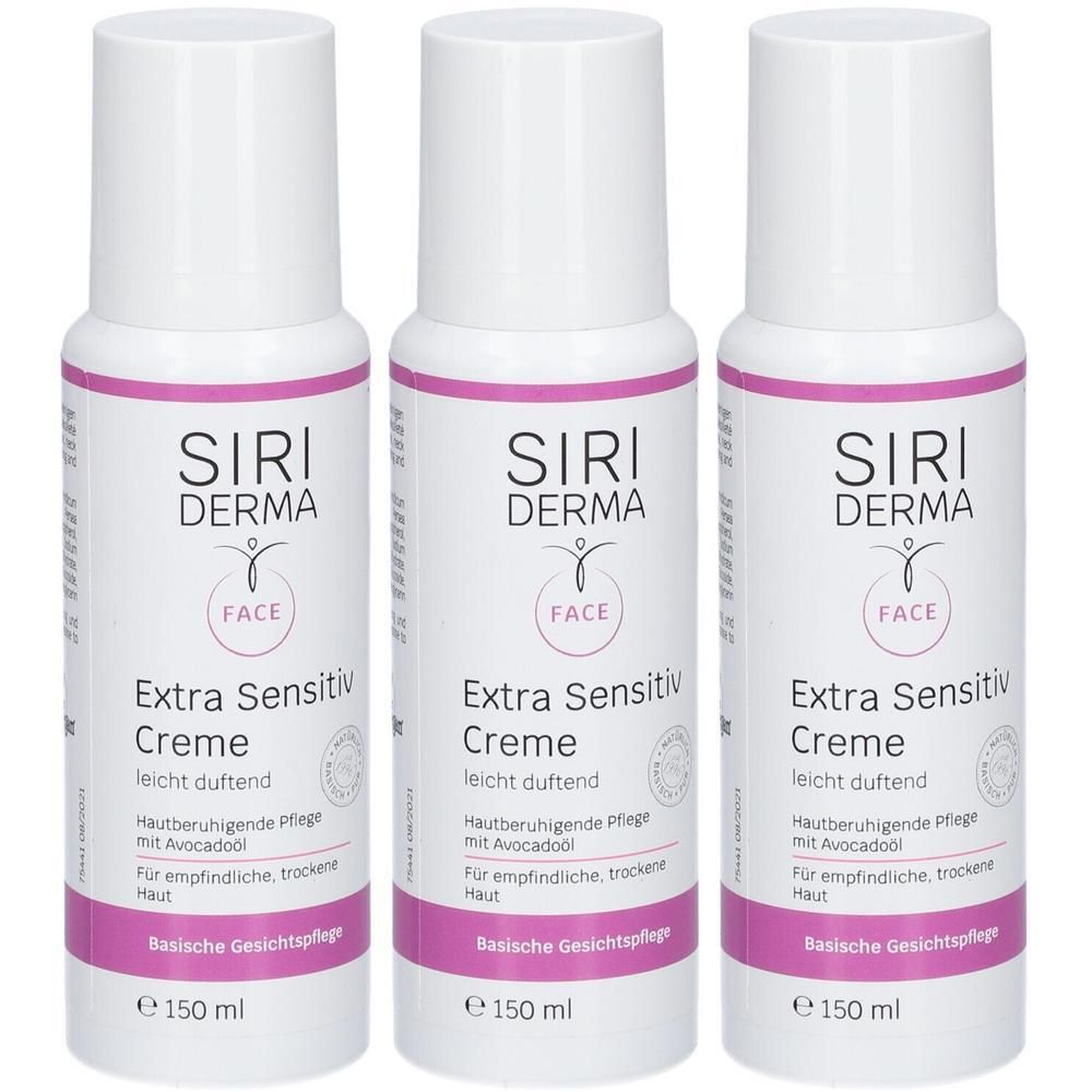 Drei Flaschen SIRIDERMA Extra Sensitiv Creme, 150 ml. Basis Gesichtspflege für empfindliche, trockene Haut.