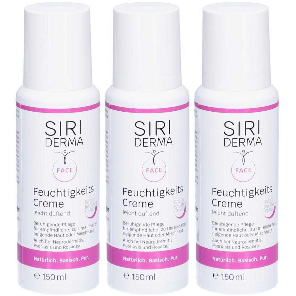 Drei Flaschen SIRI DERMA Feuchtigkeitscreme, leicht duftend, 150 ml.