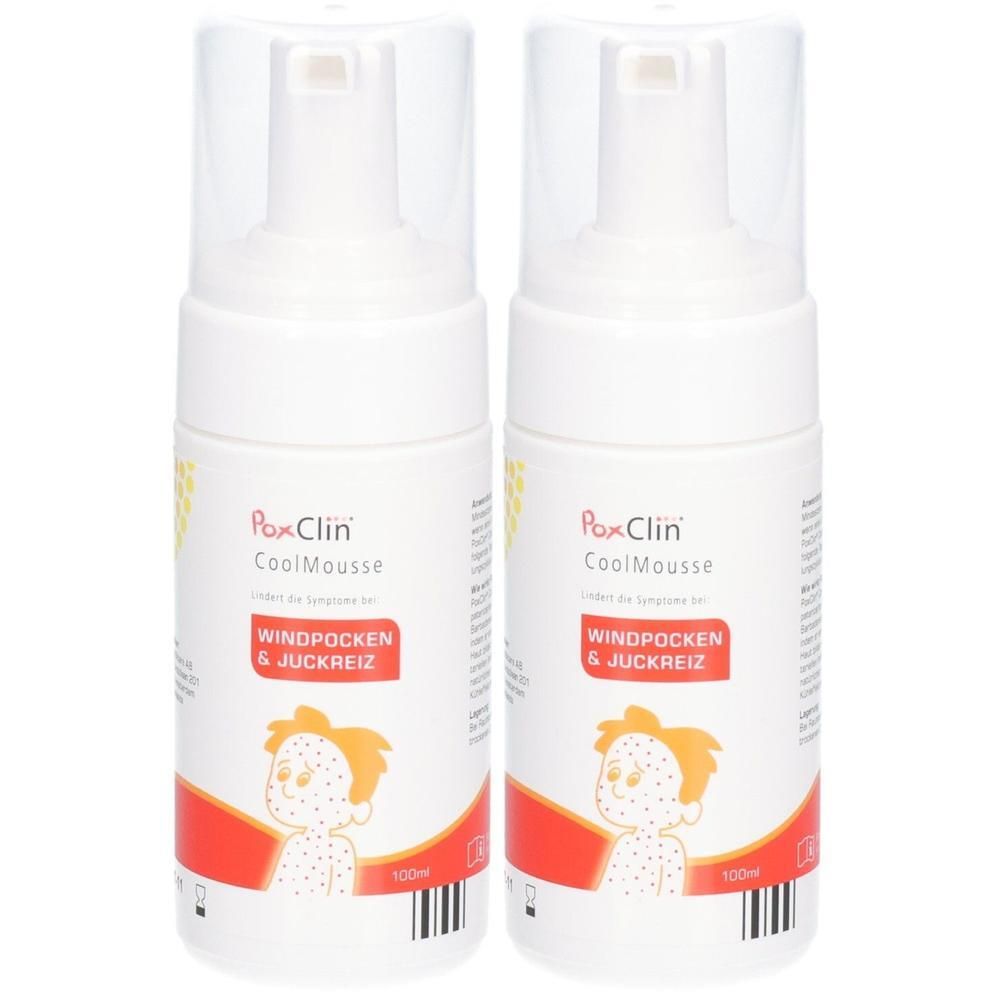 Zwei Flaschen PoxClin CoolMousse mit je 100ml. Die Flaschen haben einen Pumpspender und sind weiß mit roten und gelben Akzenten.