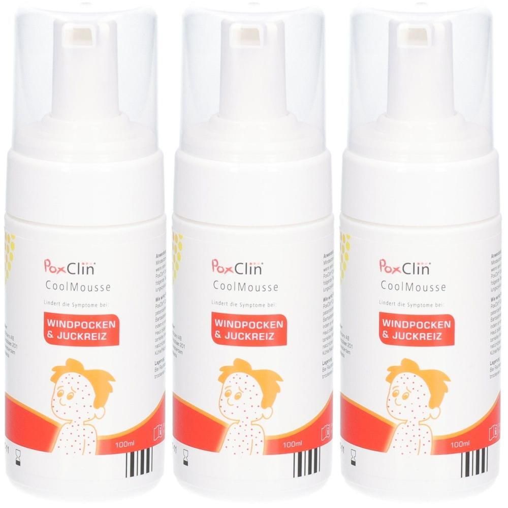 Drei Flaschen PoxClin CoolMousse mit Pumpspender. Jede Flasche zeigt ein Kind mit Windpocken.